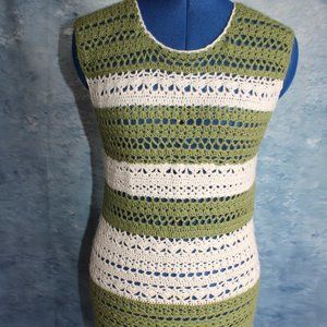 Bohemian Handmade Crochet Sleeveless Green Beige Striped Top ~S/M~